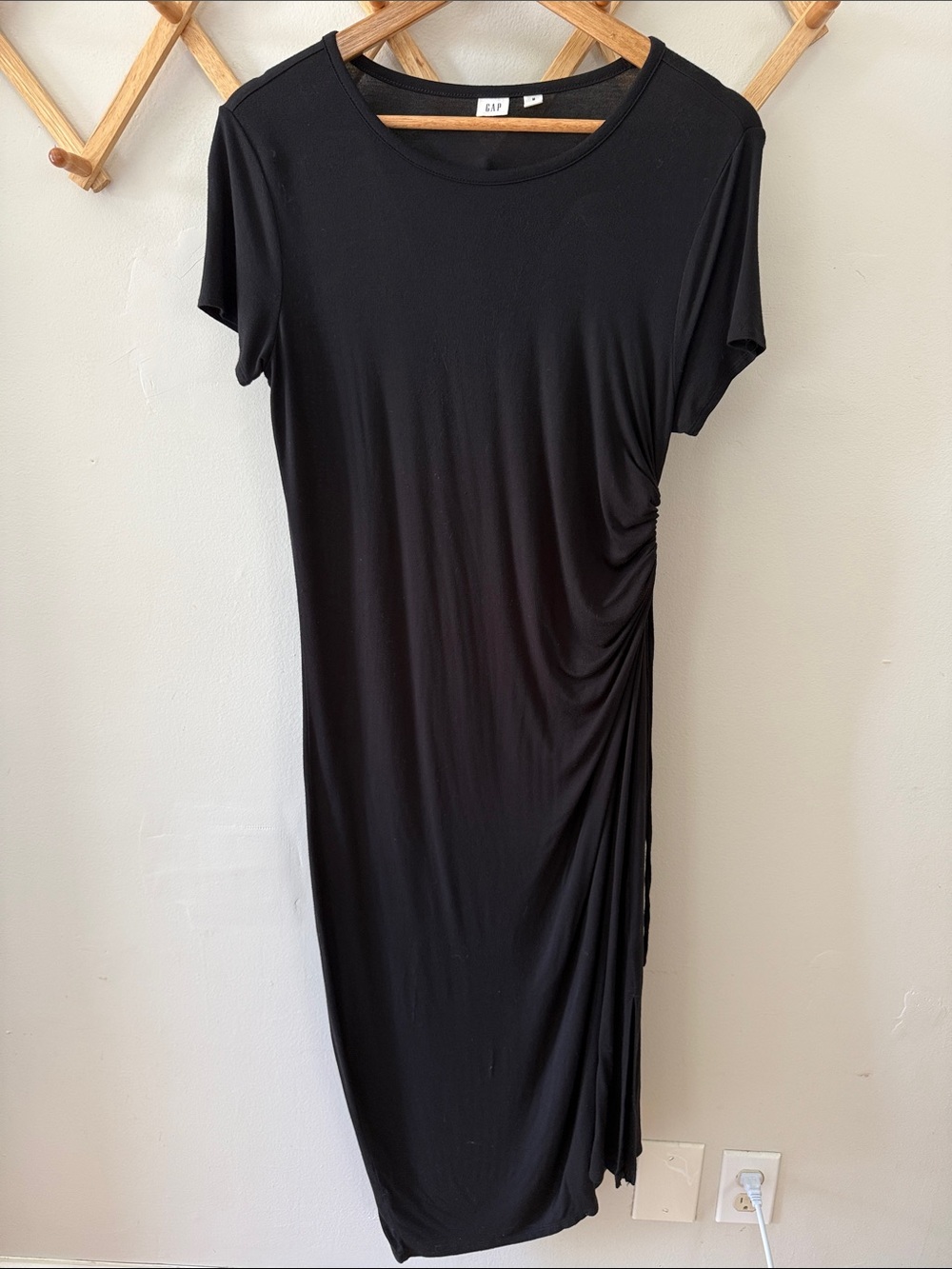 Gap Black Ruched Side Tie T-Shirt Maxi Dress Stretch Rayon Size M